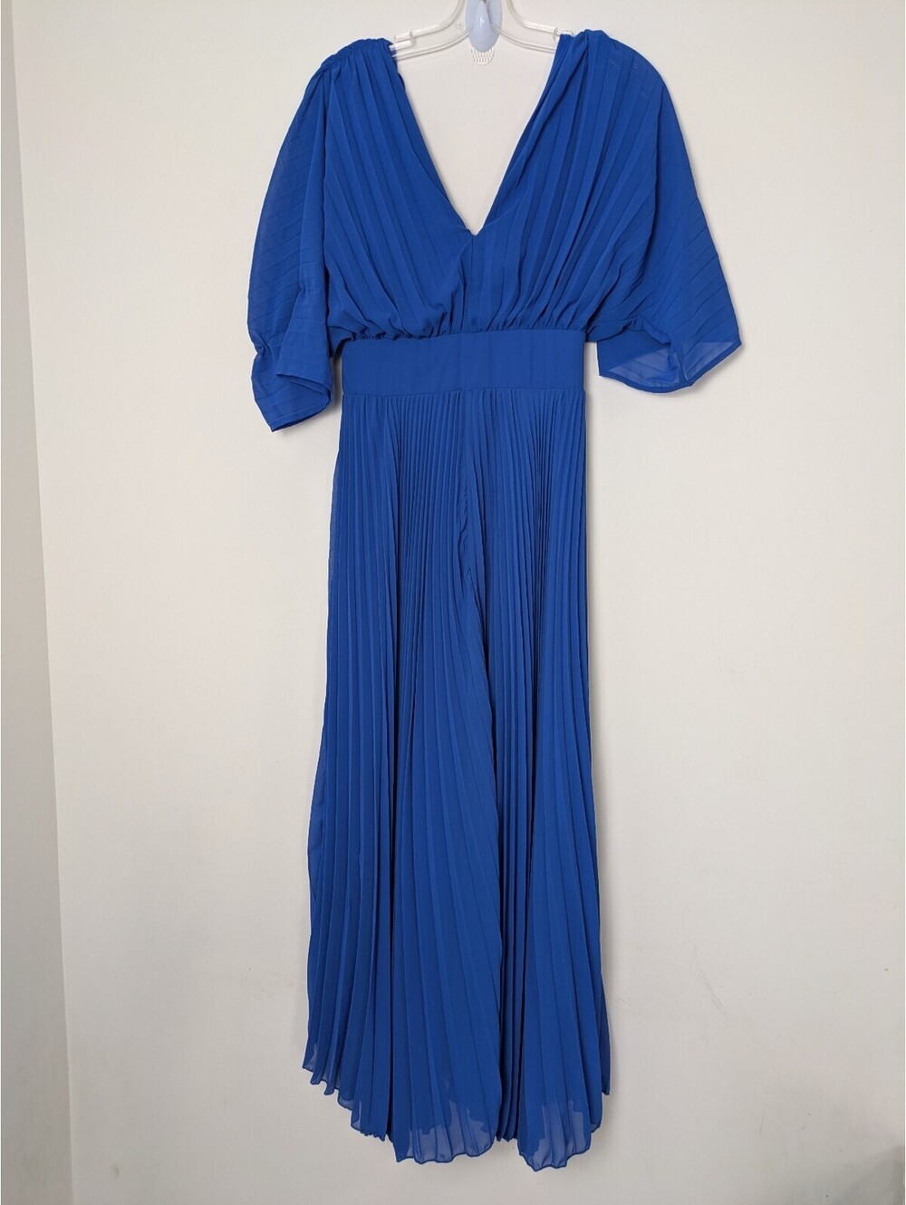 Royal Blue Pleated V-Neck Flutter Sleeve Maxi Dress Formal Evening Gown Size S